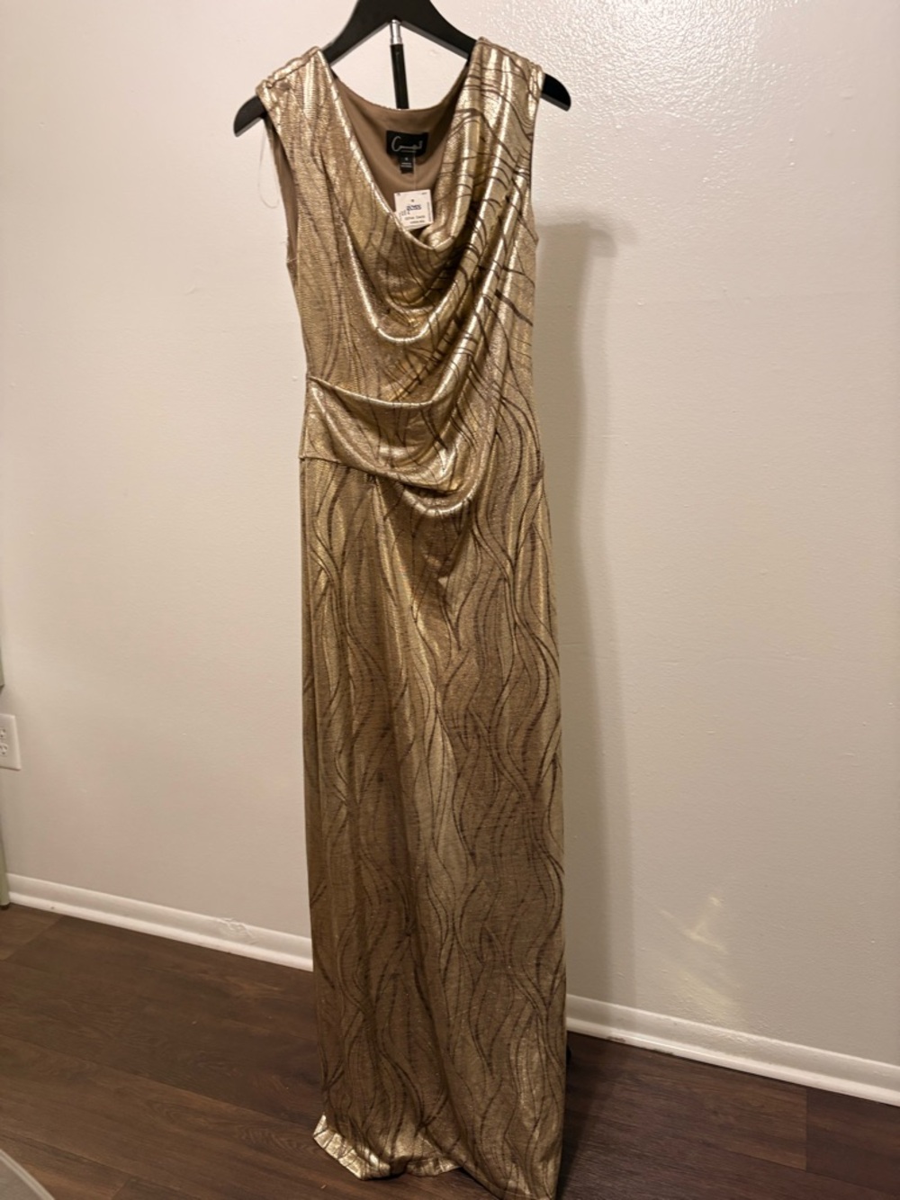 connected apparel Metallic Gold Asymmetrical Draped Maxi Dress